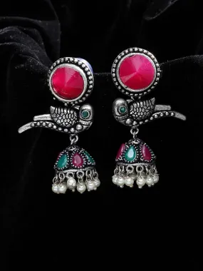 Silver-Plated & Pink German Silver Oxidised Peacock Shaped Jhumkas