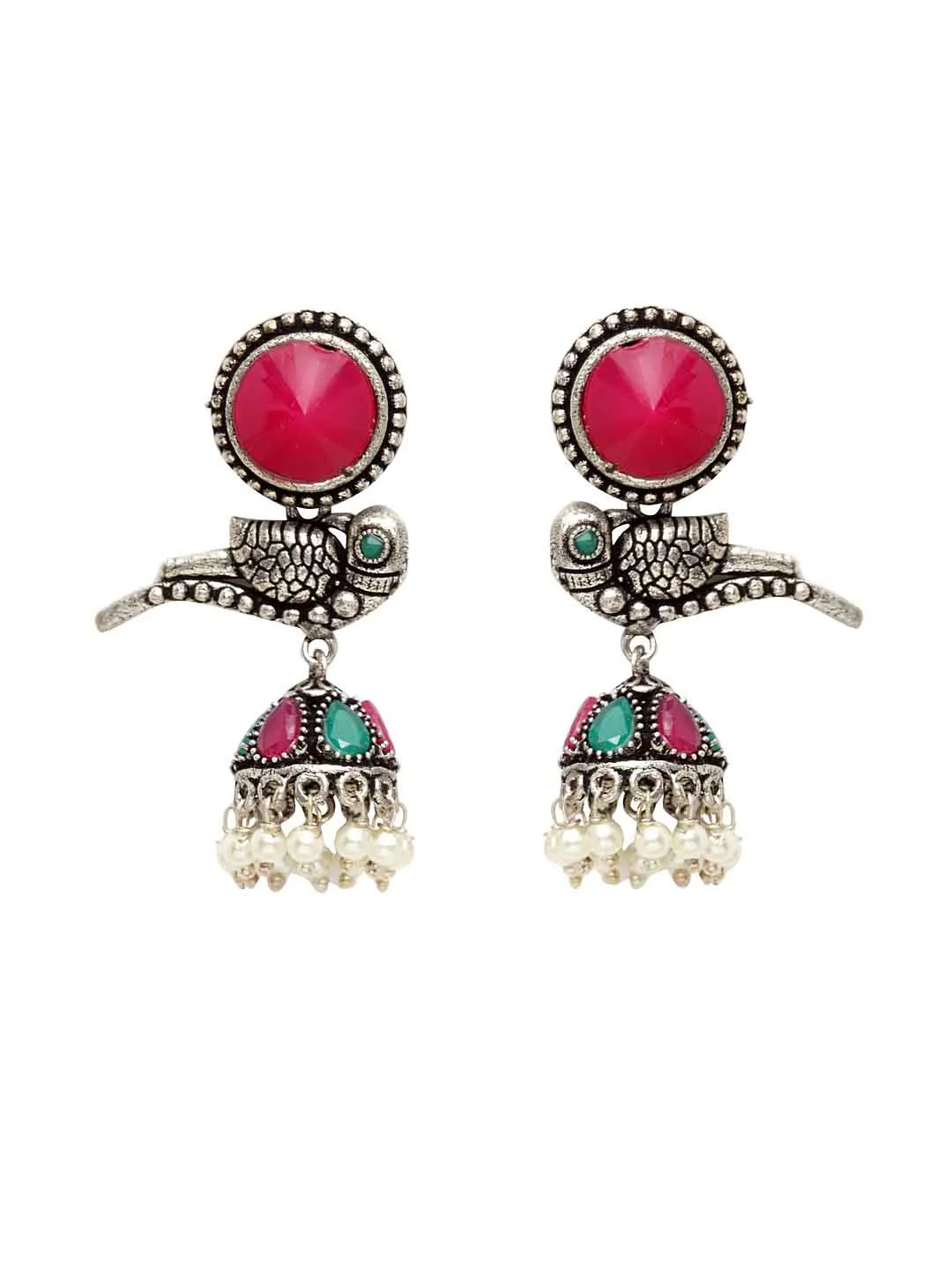 Silver-Plated & Pink German Silver Oxidised Peacock Shaped Jhumkas