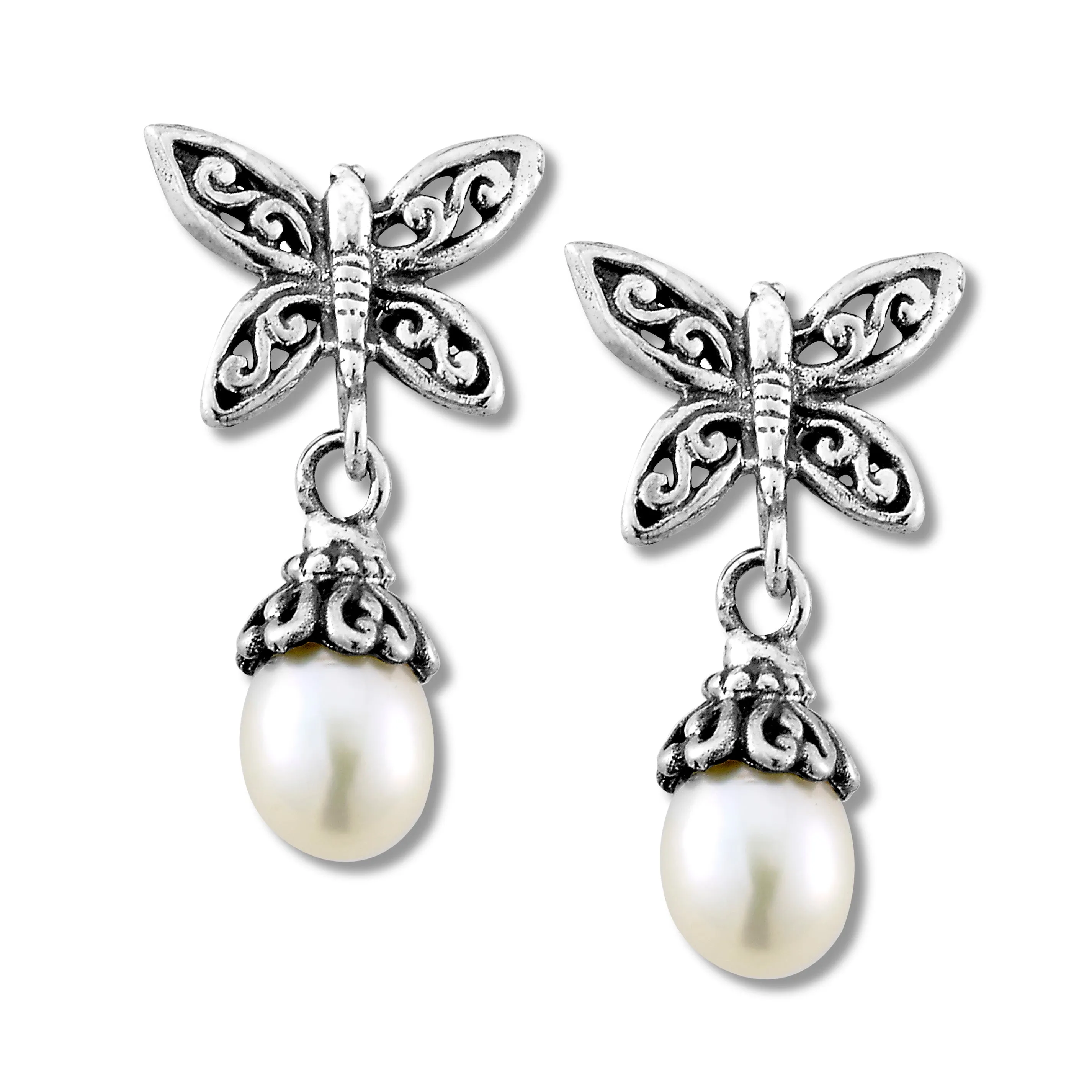 SS Butterfly "Balueran" Earrings With White Fresh Water Pearl