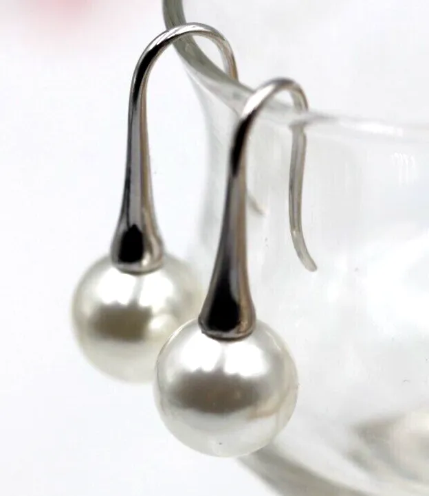 Sterling Silver 925 10mm Shell Pearl Ball Drop Earrings