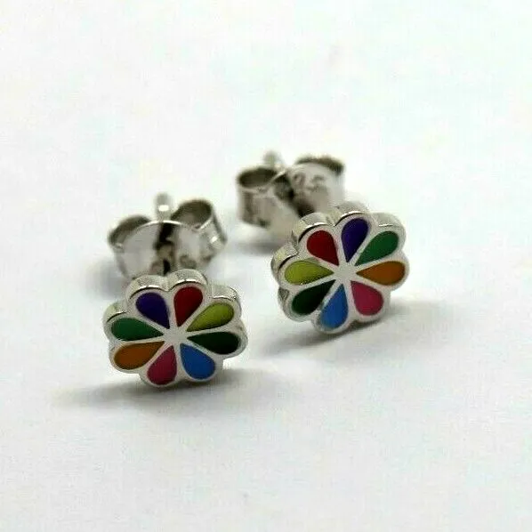 Sterling Silver Children Child Small Enamel Flower Earrings