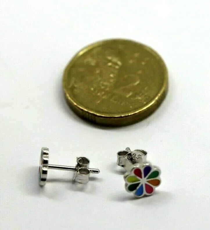 Sterling Silver Children Child Small Enamel Flower Earrings