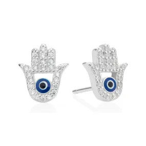 Sterling Silver Evil Eye Cubic Zirconia Enamel Hand of Fatima Stud Earrings