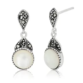 Sterling Silver Marcasite   Oxidised Pearl Earrings