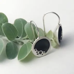 Sterling silver round black ring drop earrings