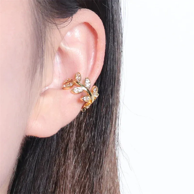 Trendy Crystal Leaf Gold Color Metal Ear Cuff Non-pierced Ear Clips Tiny Earring