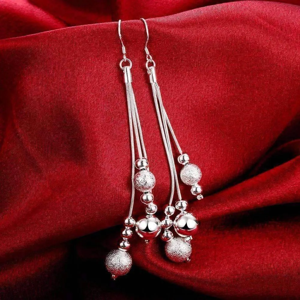 Triple Strand Silver Beaded Chains French Hook Earrings for Women