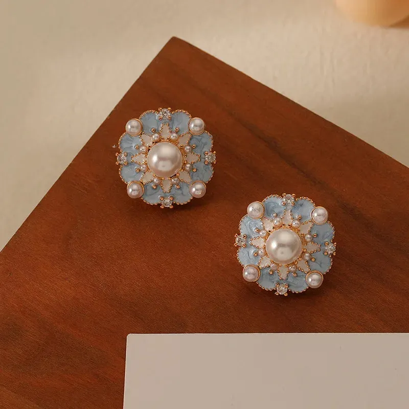 VAIGE Dazzling Blue Enamel Flower Star Earrings with Elegant Pearl Center