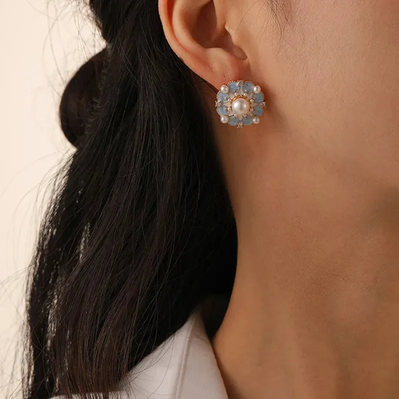 VAIGE Dazzling Blue Enamel Flower Star Earrings with Elegant Pearl Center