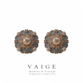 VAIGE Dazzling Blue Enamel Flower Star Earrings with Elegant Pearl Center