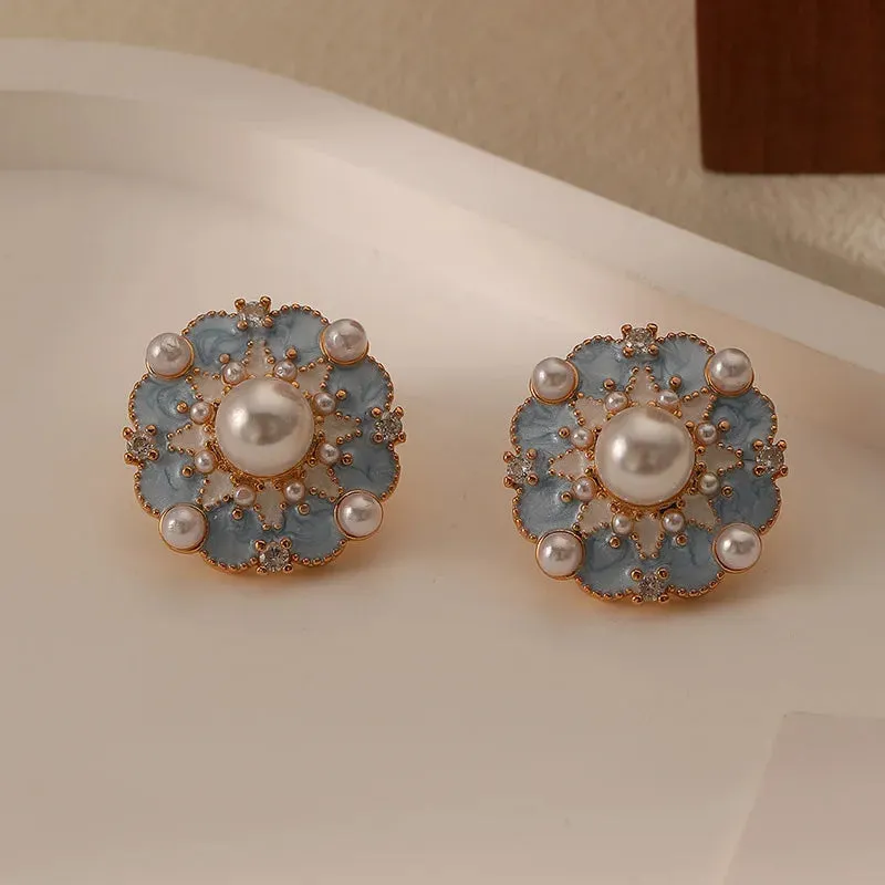 VAIGE Dazzling Blue Enamel Flower Star Earrings with Elegant Pearl Center