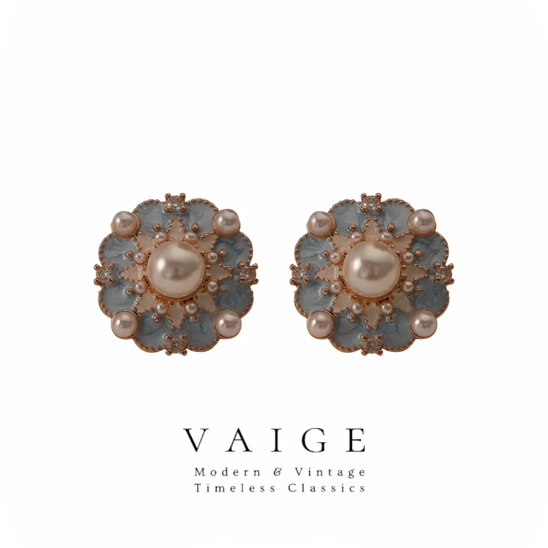 VAIGE Dazzling Blue Enamel Flower Star Earrings with Elegant Pearl Center