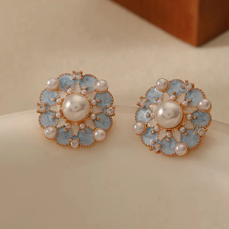 VAIGE Dazzling Blue Enamel Flower Star Earrings with Elegant Pearl Center