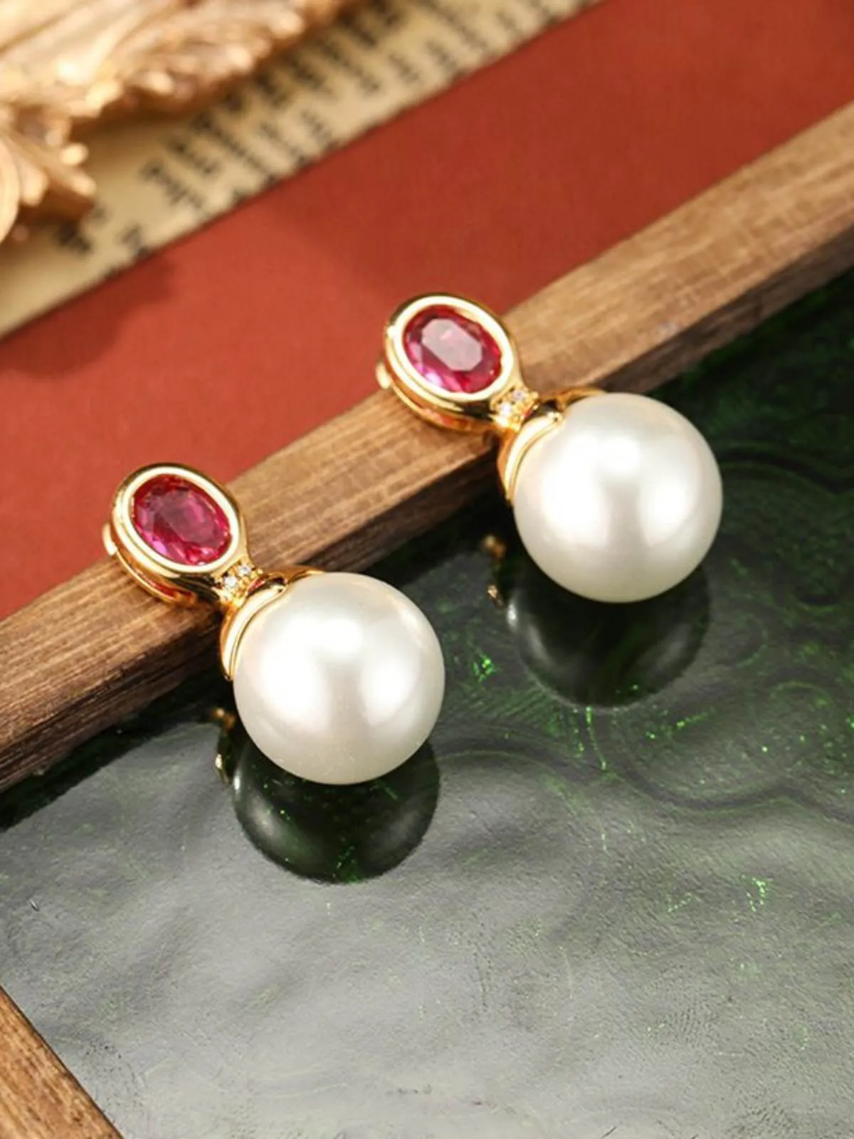 White Pearl Pink Gemstone Inlay Earrings