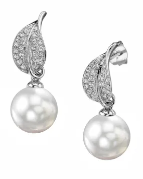 White South Sea Pearl & Diamond "Hazakura" Dangle Earrings