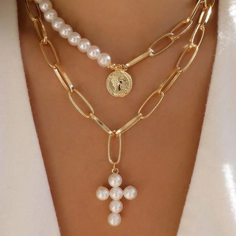 Women Retro Geometric Baroque Pearl Pendant Necklaces