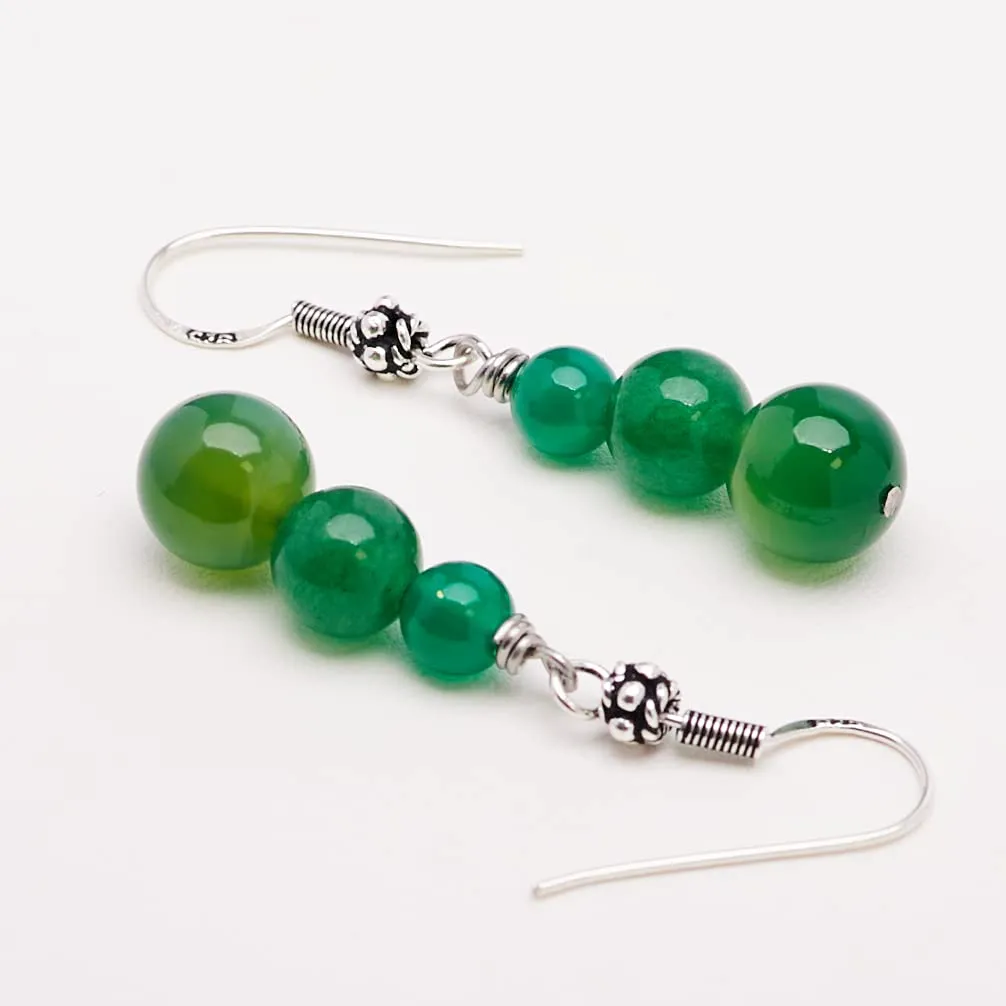 Women's Green Agate Gesmtone Earrings - Handmade Gemstone Beaded and Sterling Silver Dangle Drop Earrings